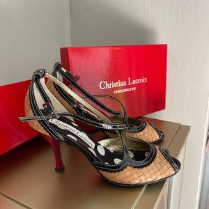 Christian Lacroix heel with crossover straps EUR 38, US 8. Black and Tan